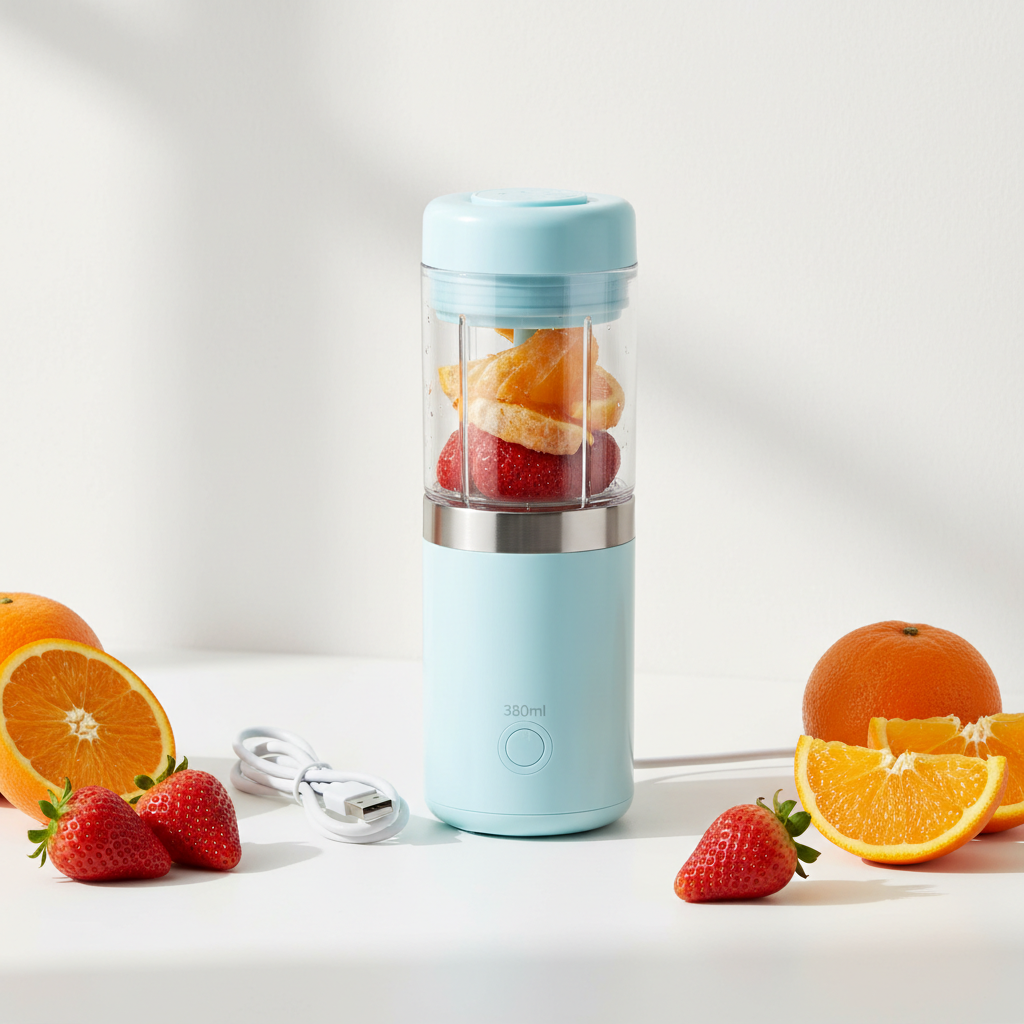 Portable USB rechargeable electric juicer blender 380ml in aesthetic blue